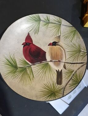 Hand-Painted Round Wall Art - Cardinal Pair on Pine Branch